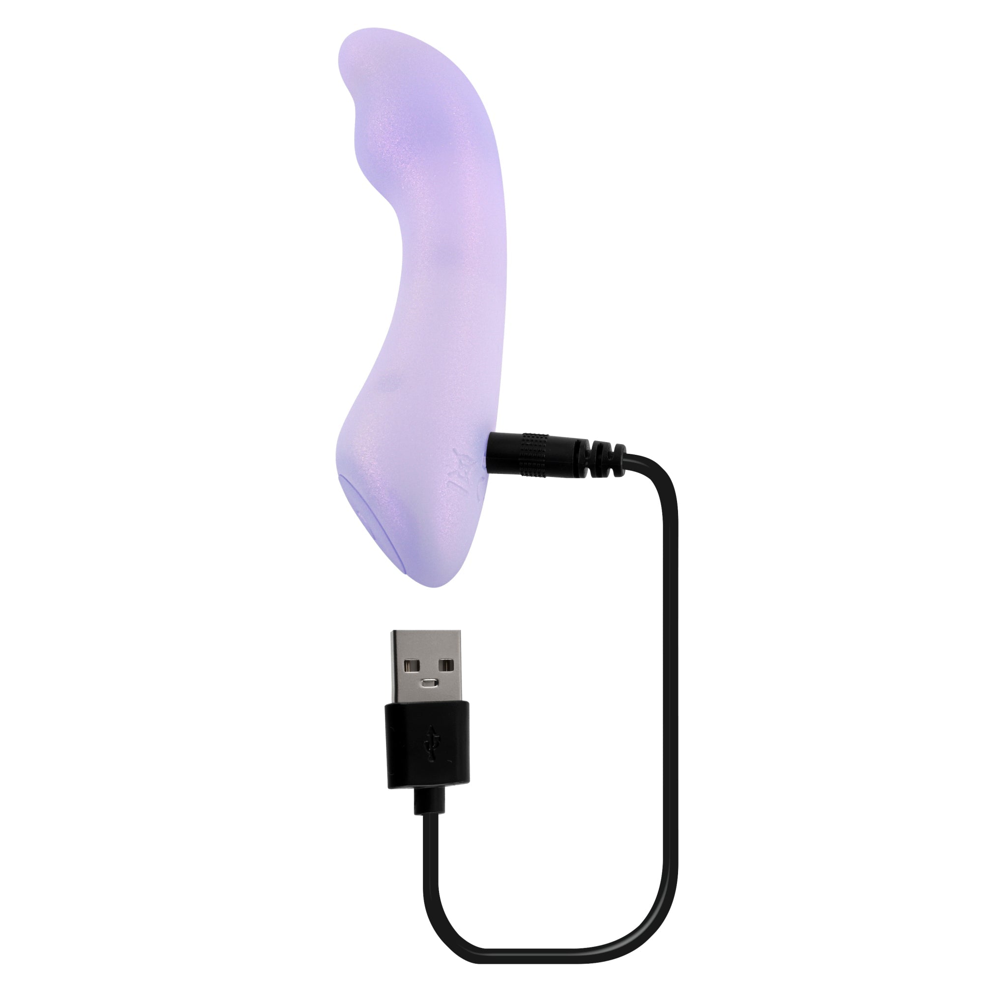 A purple, curved vibrator with a USB charging cable attached.