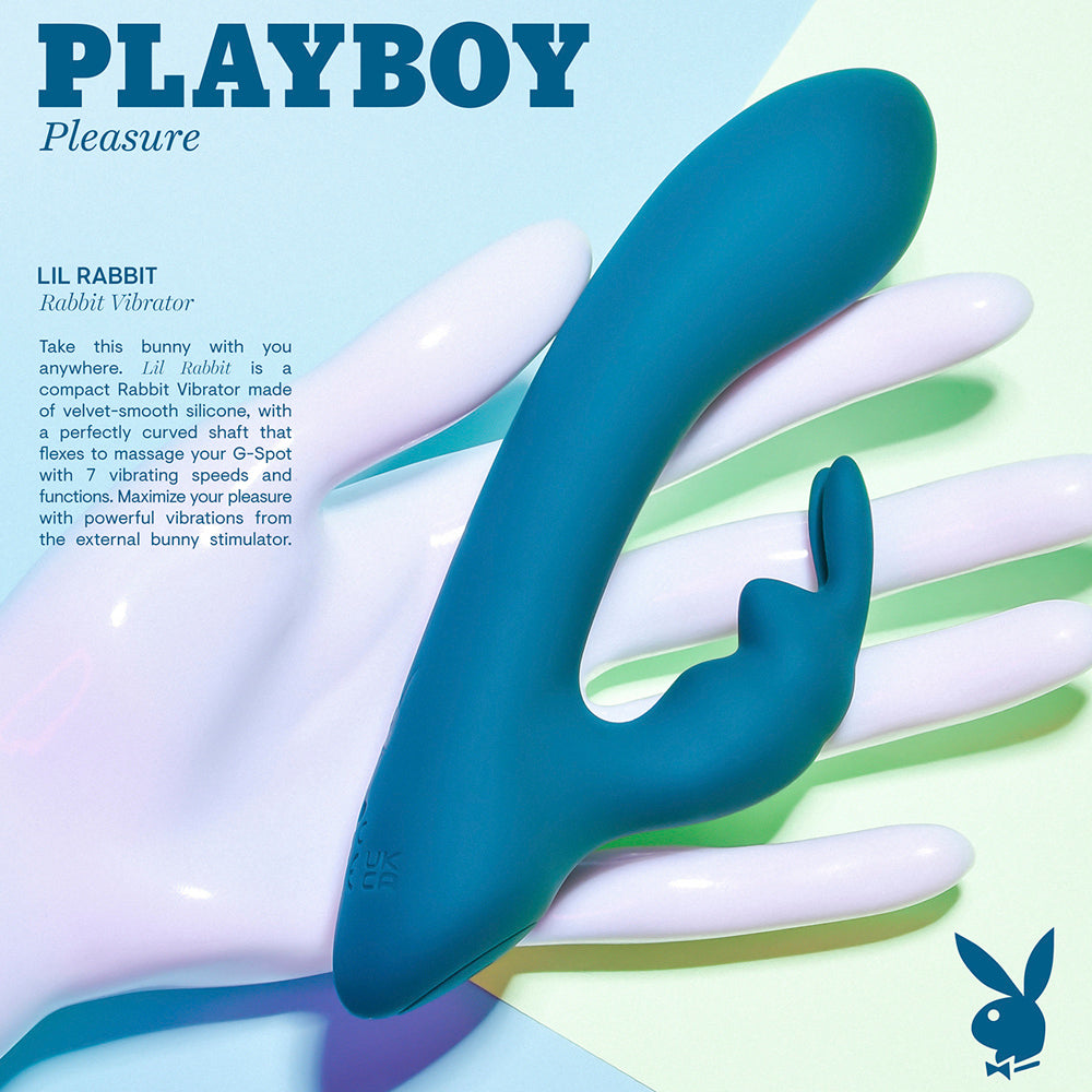 Teal Playboy Lil Rabbit vibrator with bunny ears on a white hand.