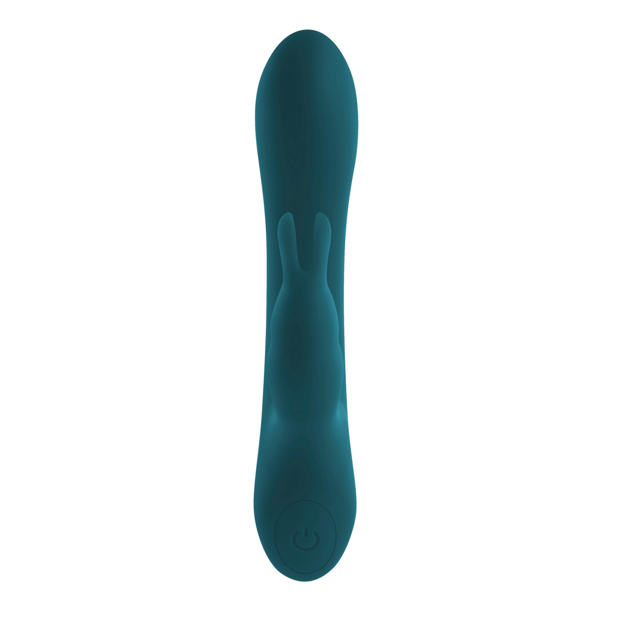 Teal rabbit vibrator with a power button.