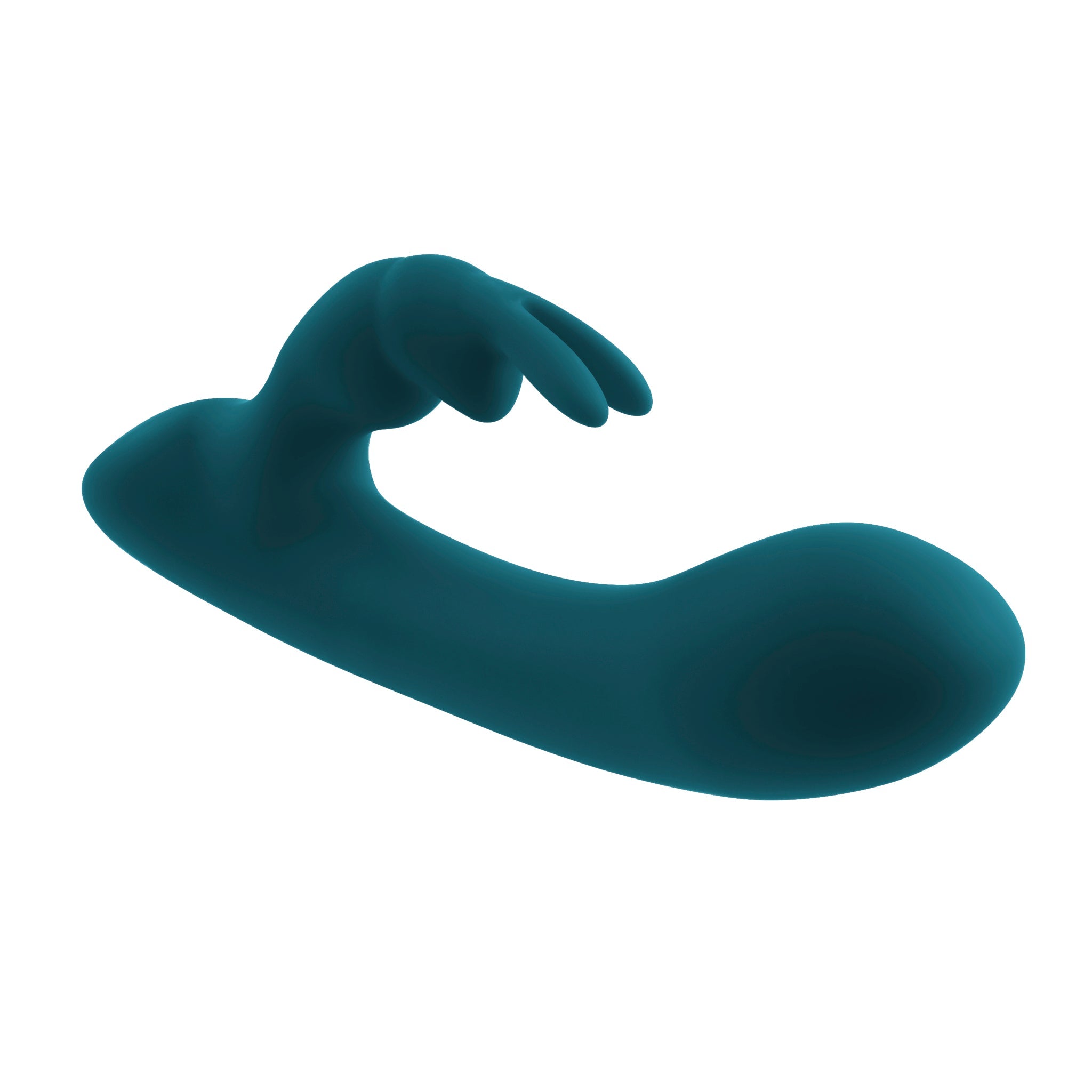A teal rabbit vibrator with a curved shaft and two ear-like stimulators.