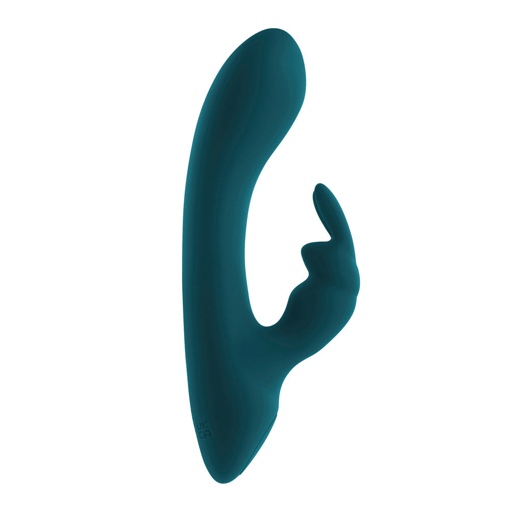 A teal rabbit vibrator with a curved shaft and ear-shaped stimulator.