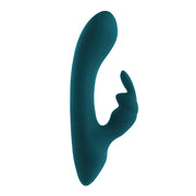 A teal rabbit vibrator with a curved shaft and ear-shaped stimulator.
