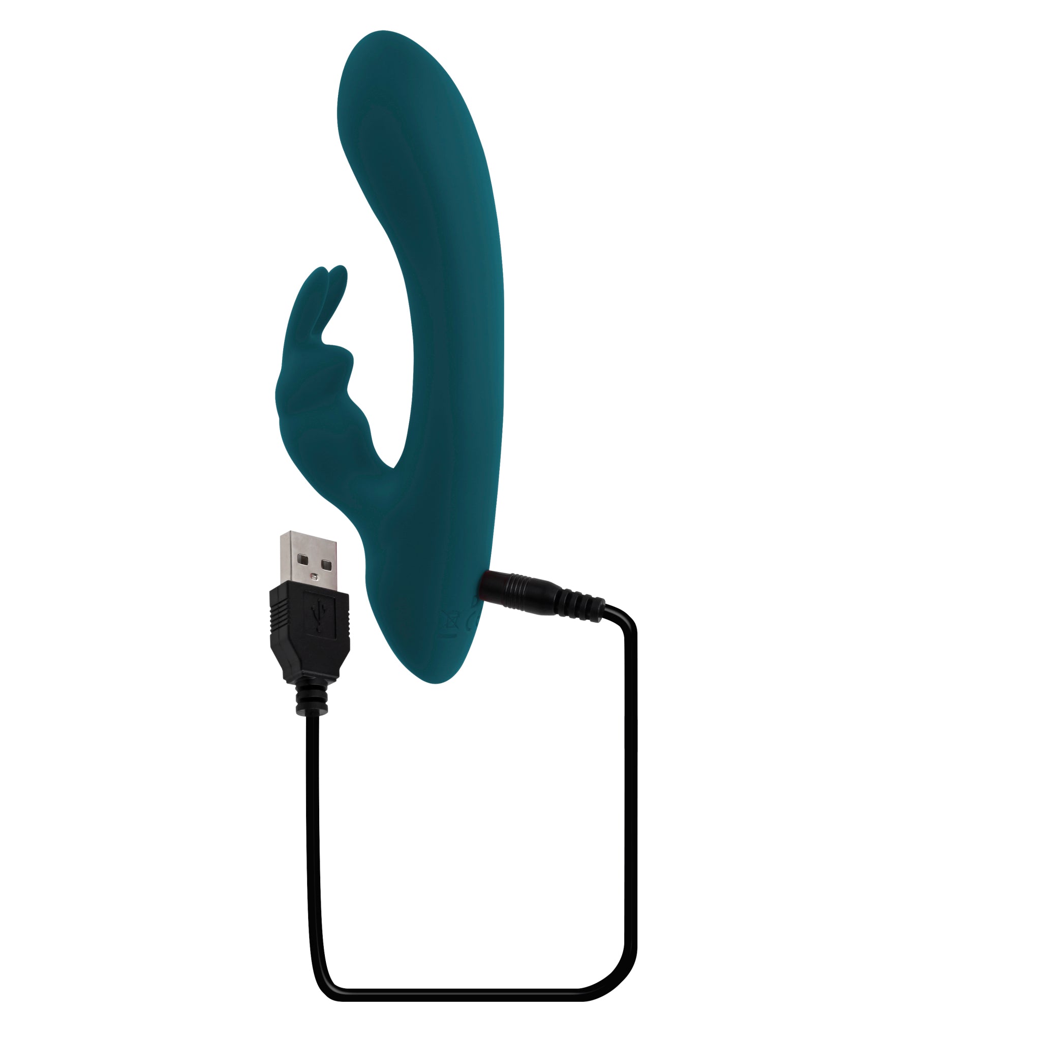 Teal rabbit vibrator with USB charging cord.