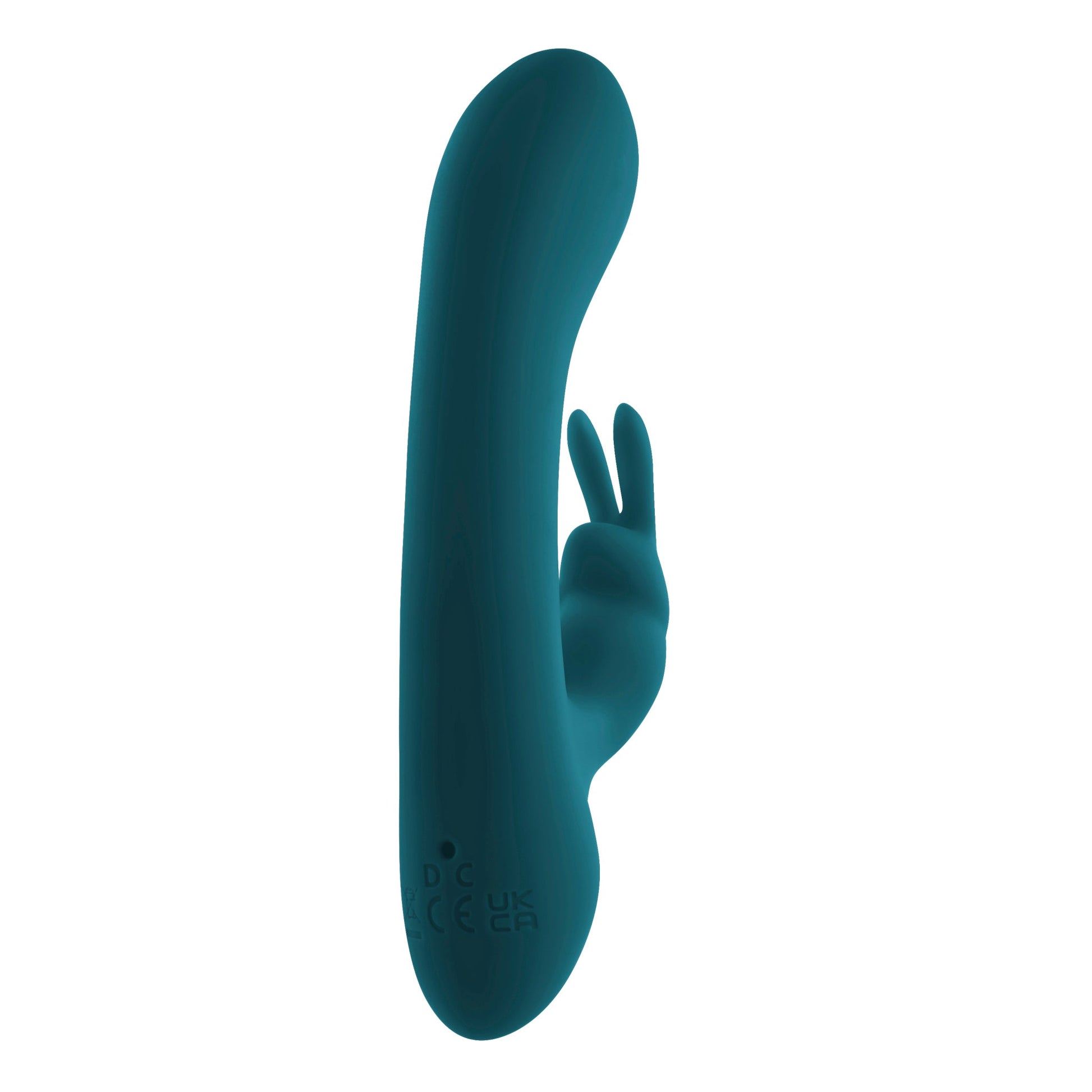 Teal rabbit vibrator with two ears and CE UK markings.