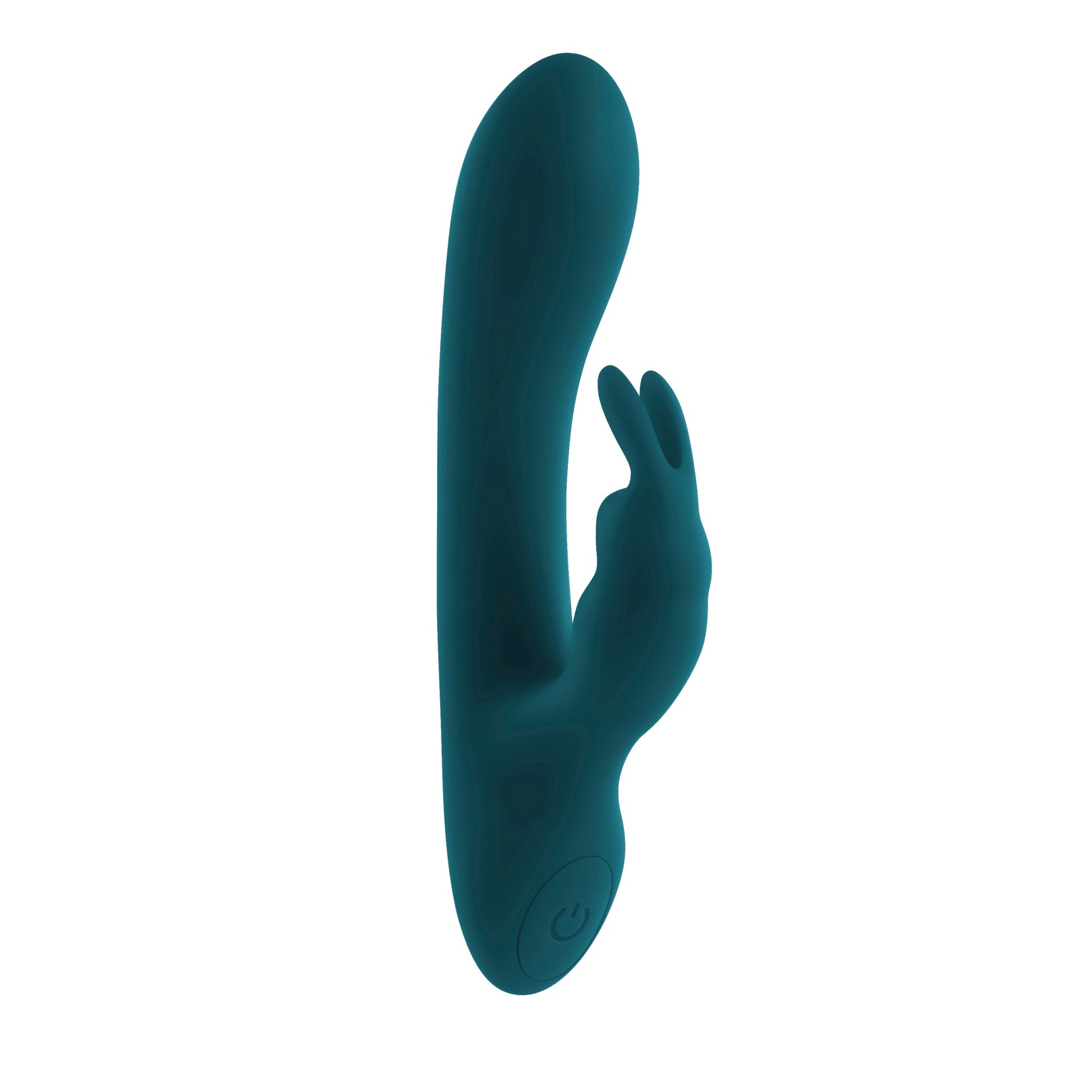 Teal rabbit vibrator with a power button on the base.