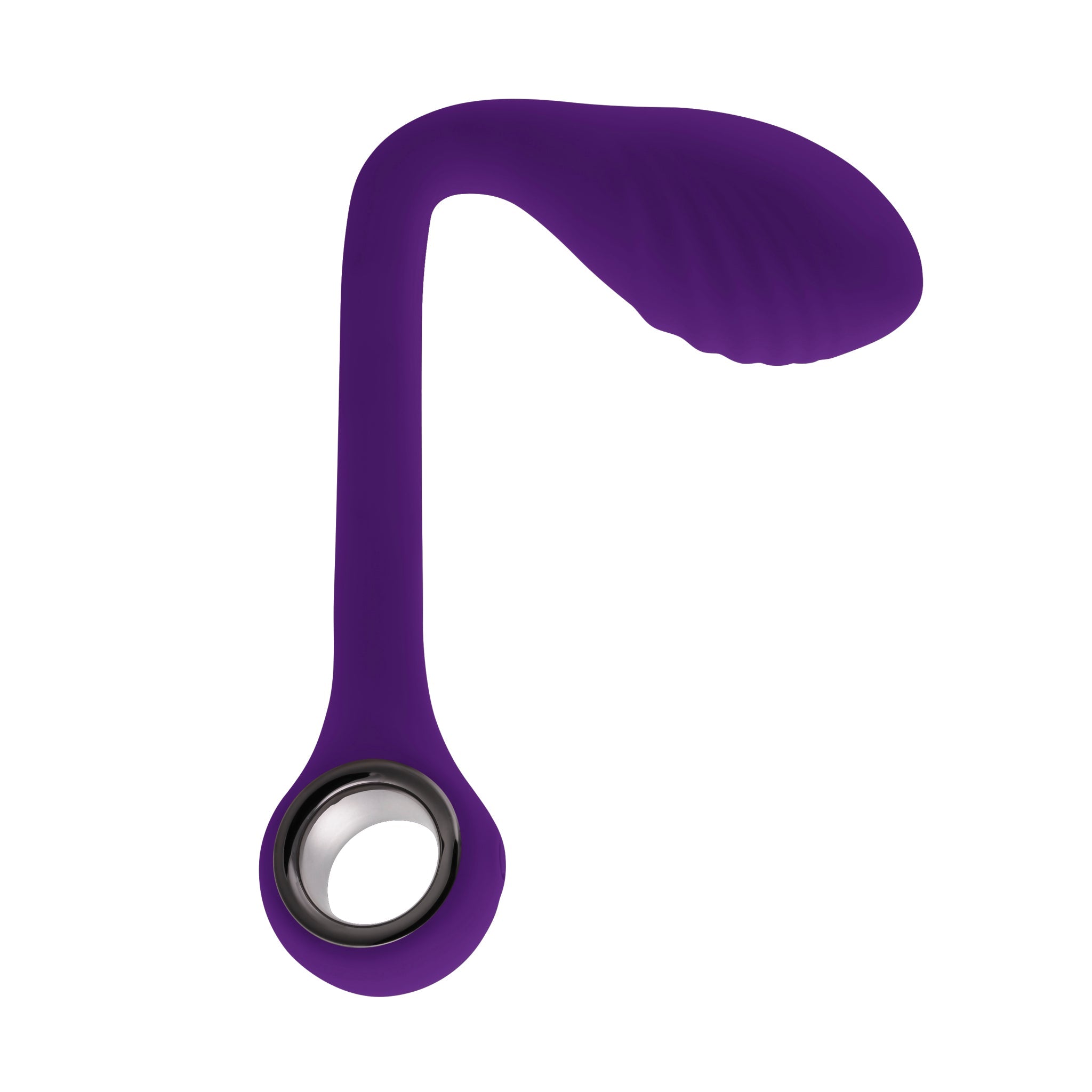 A purple, bendable silicone G-spot vibrator with a silver ring at the base.
