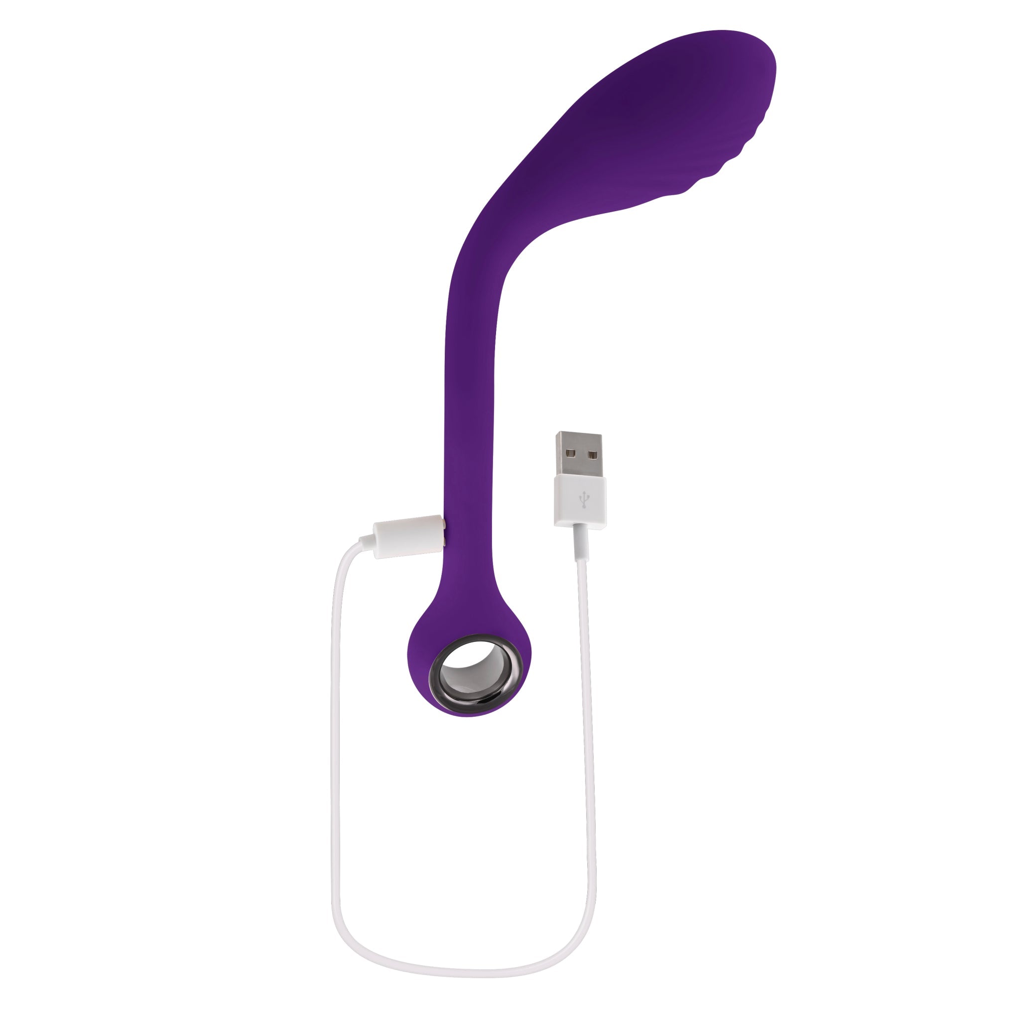 Purple bendable silicone G-spot vibrator with USB charging cable.