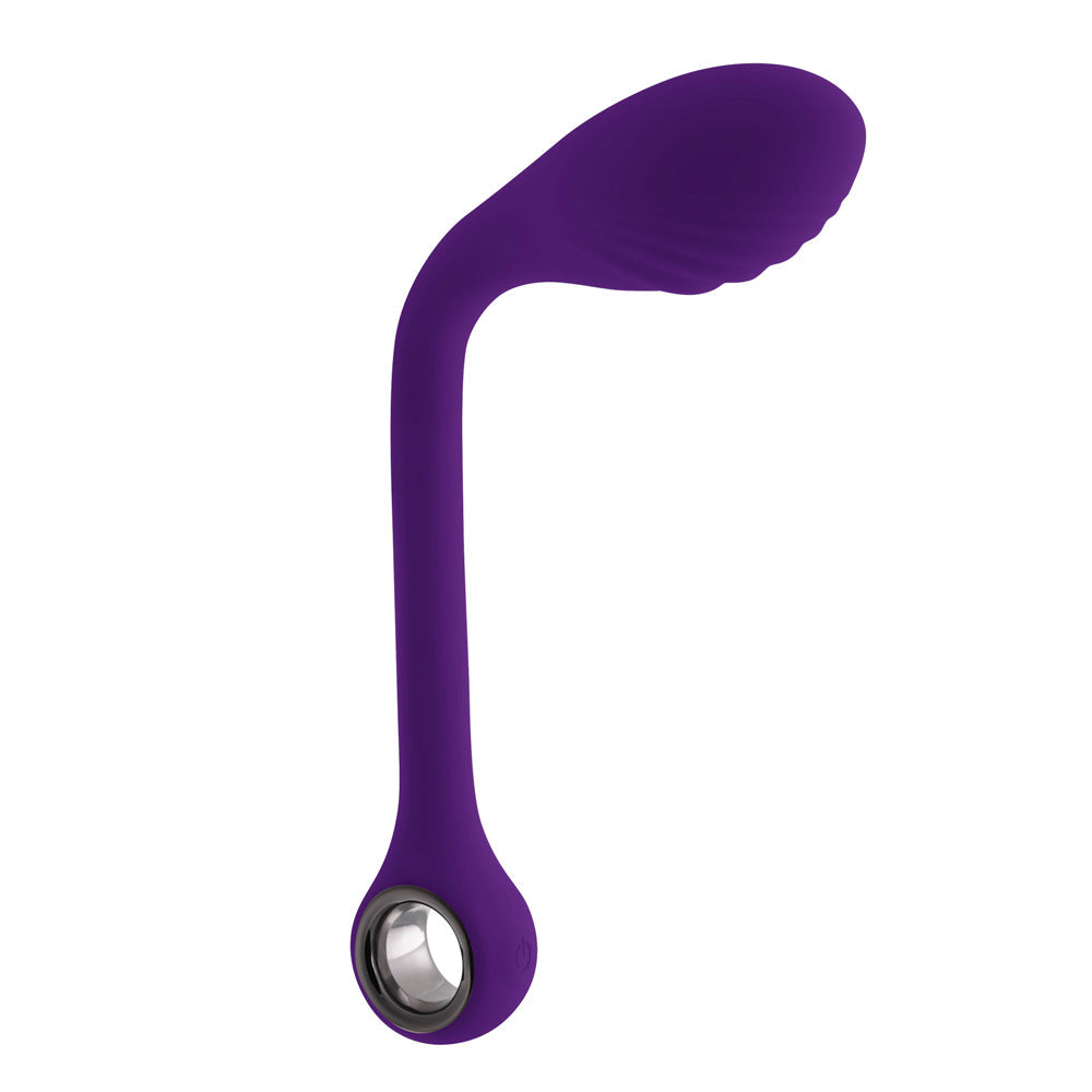 A purple bendable silicone G-spot vibrator with a textured head and a silver ring at the base.