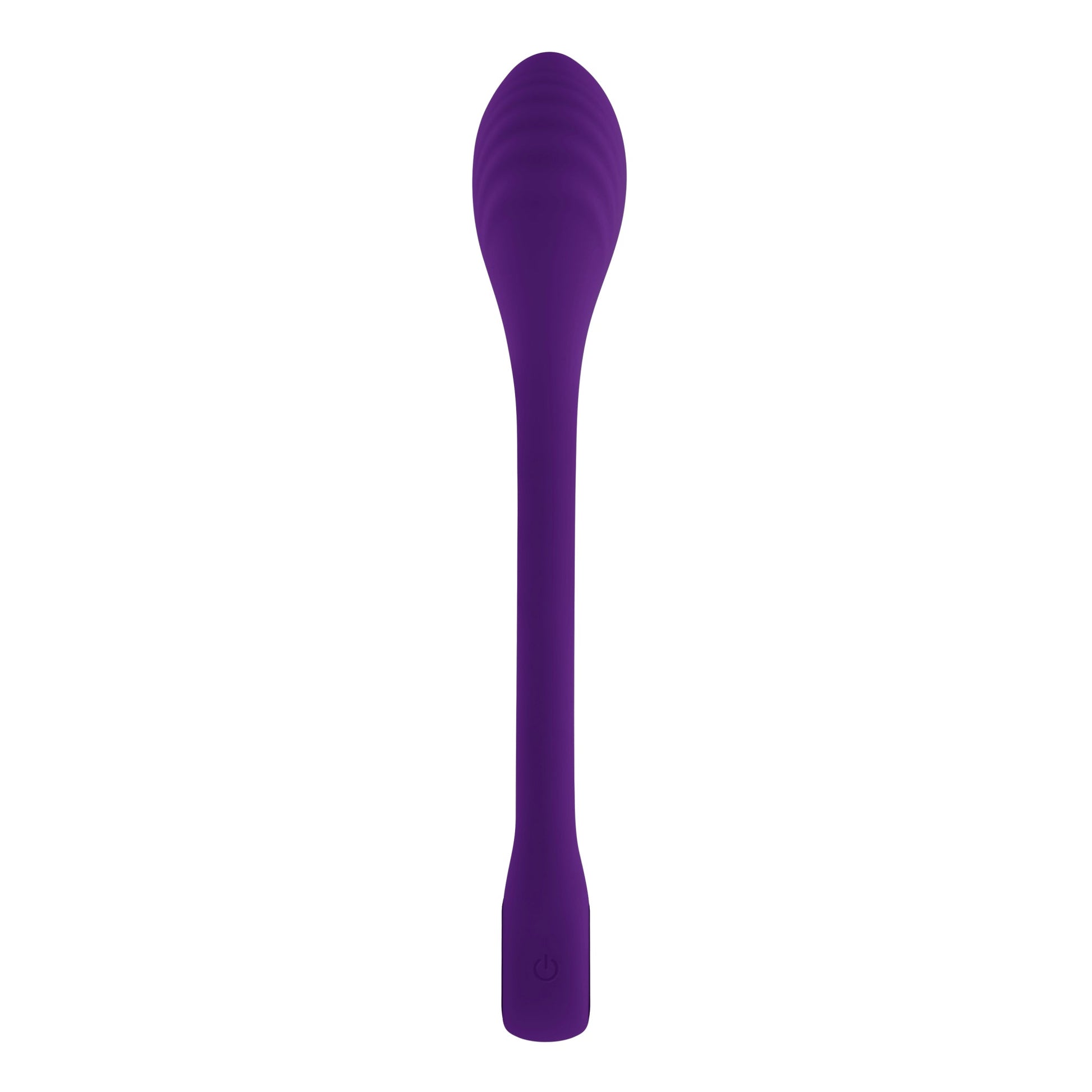 A purple bendable silicone vibrator with a textured head and a power button.
