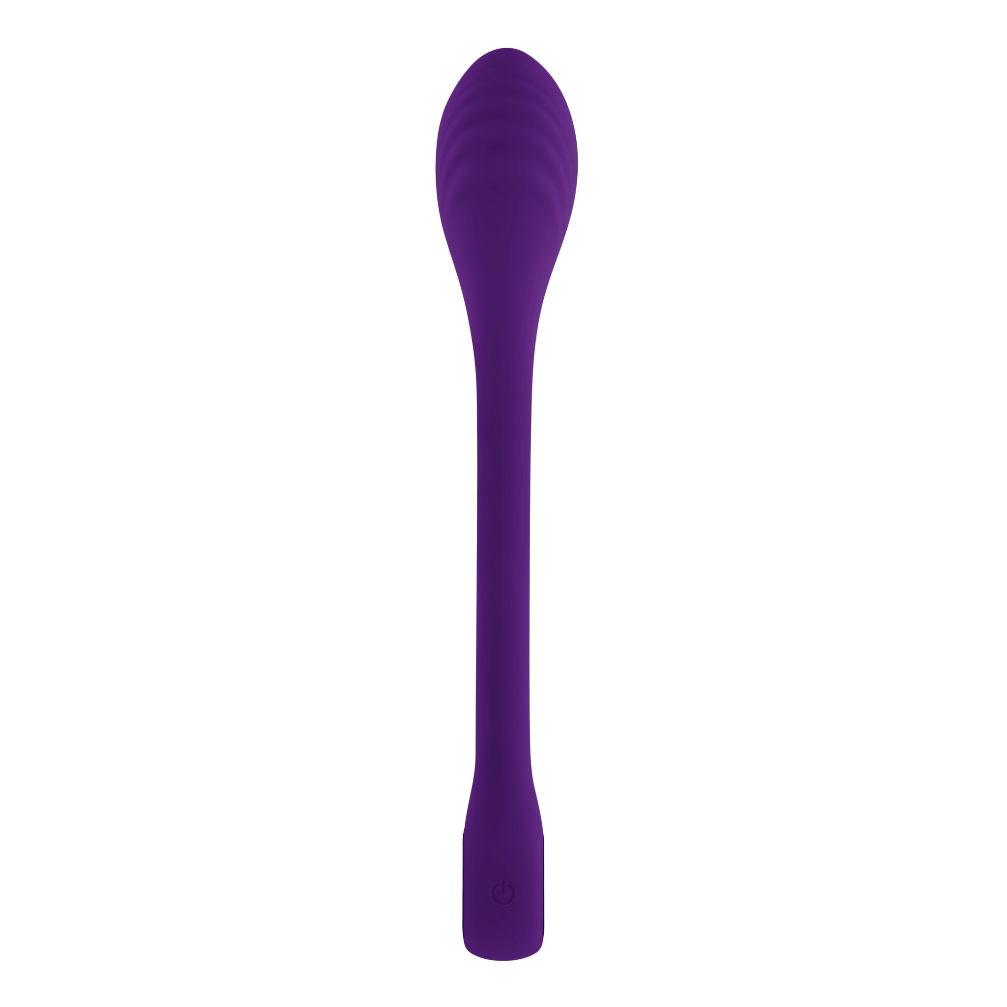 A purple bendable silicone vibrator with a textured head and a power button.