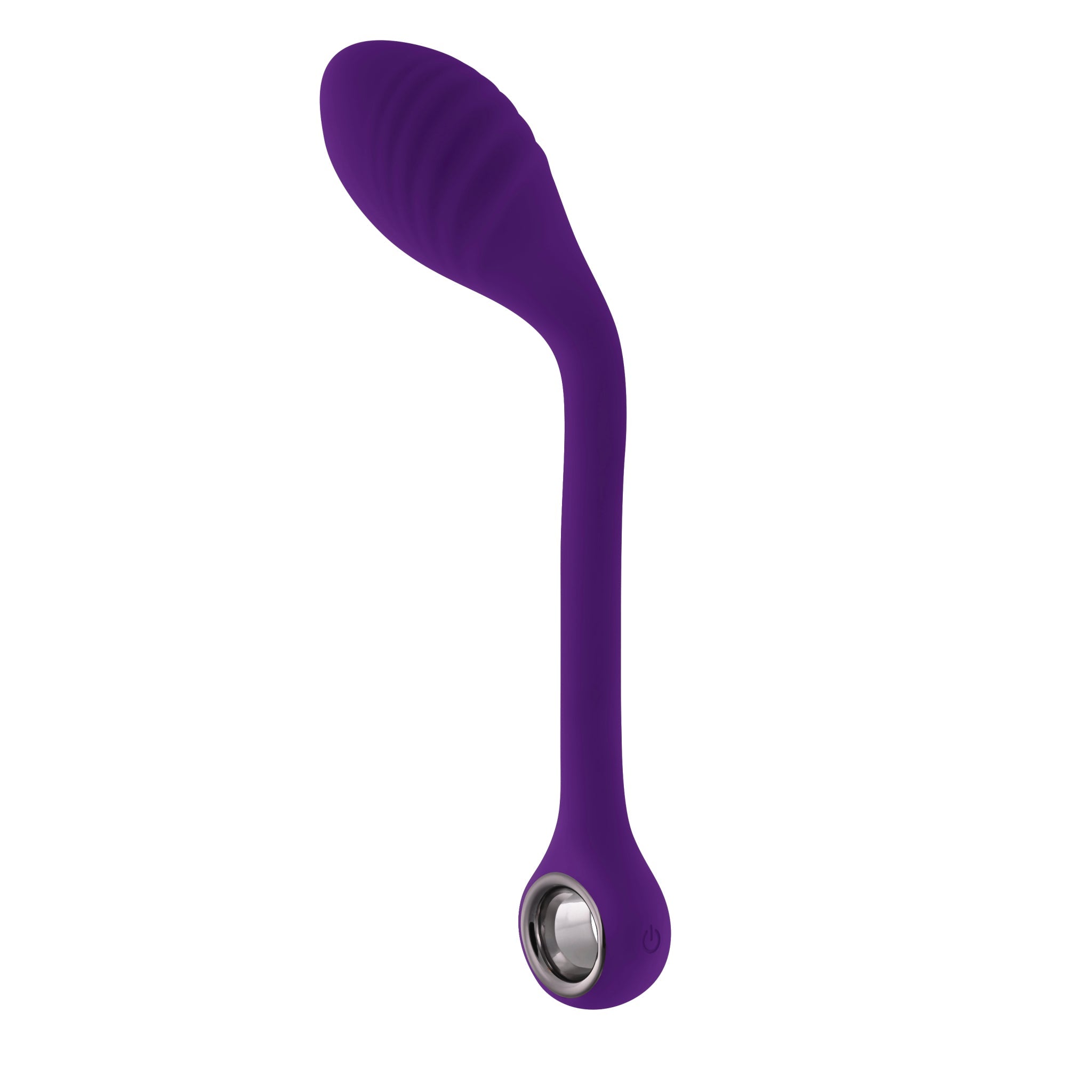 Purple bendable silicone G-spot vibrator with textured head and power button.