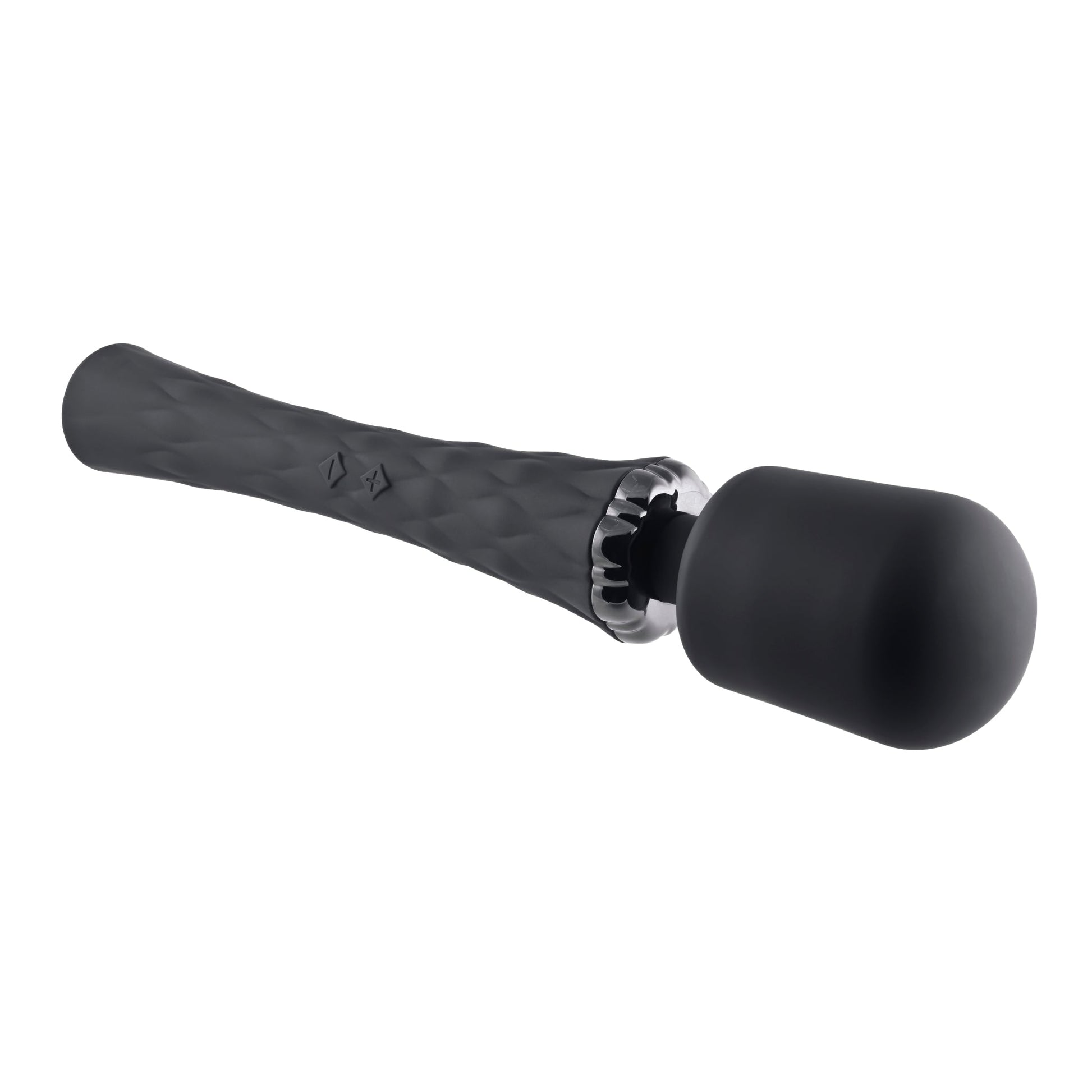 A black rechargeable vibrating wand with a textured handle and a rounded head.