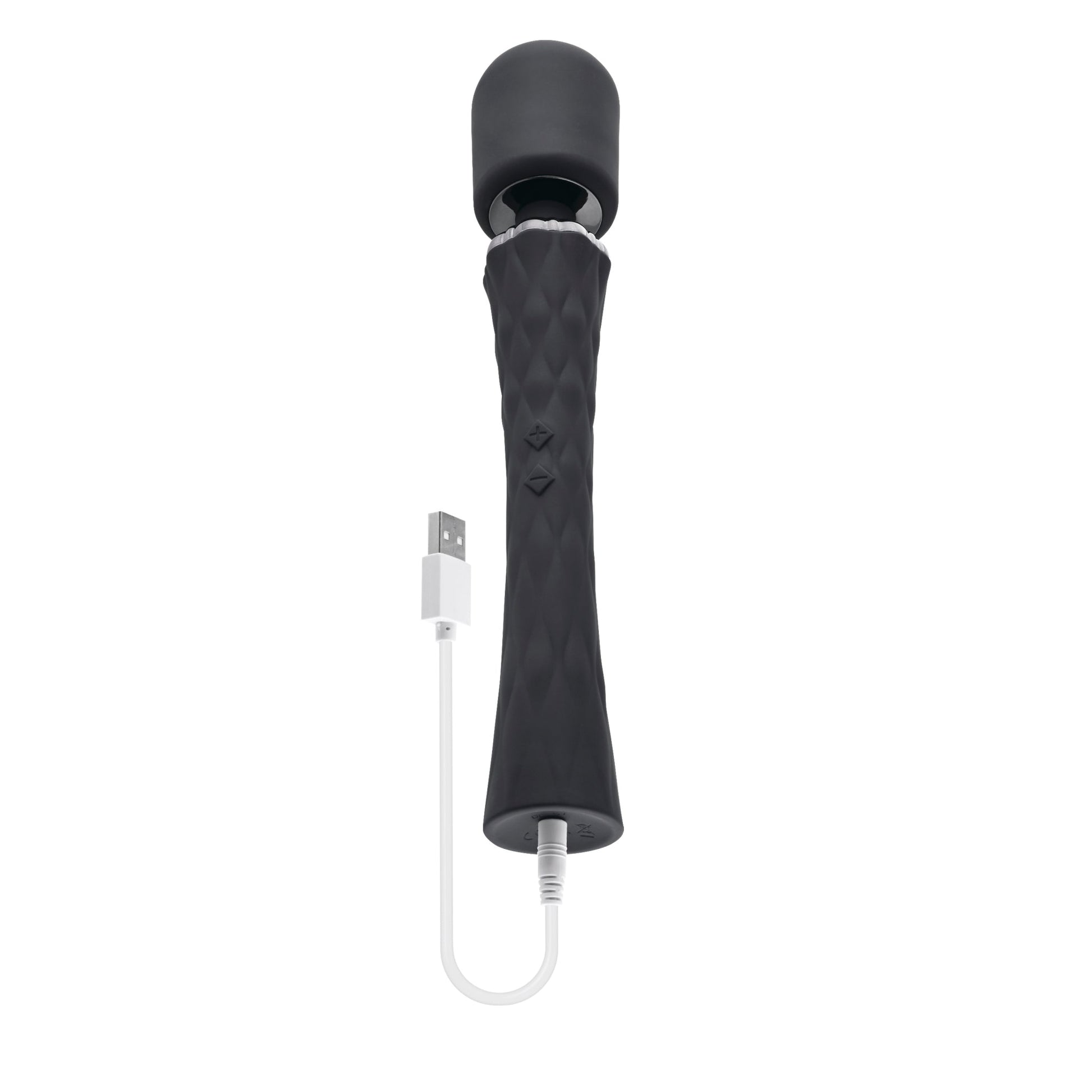 Black rechargeable silicone vibrating wand with USB charging cable.