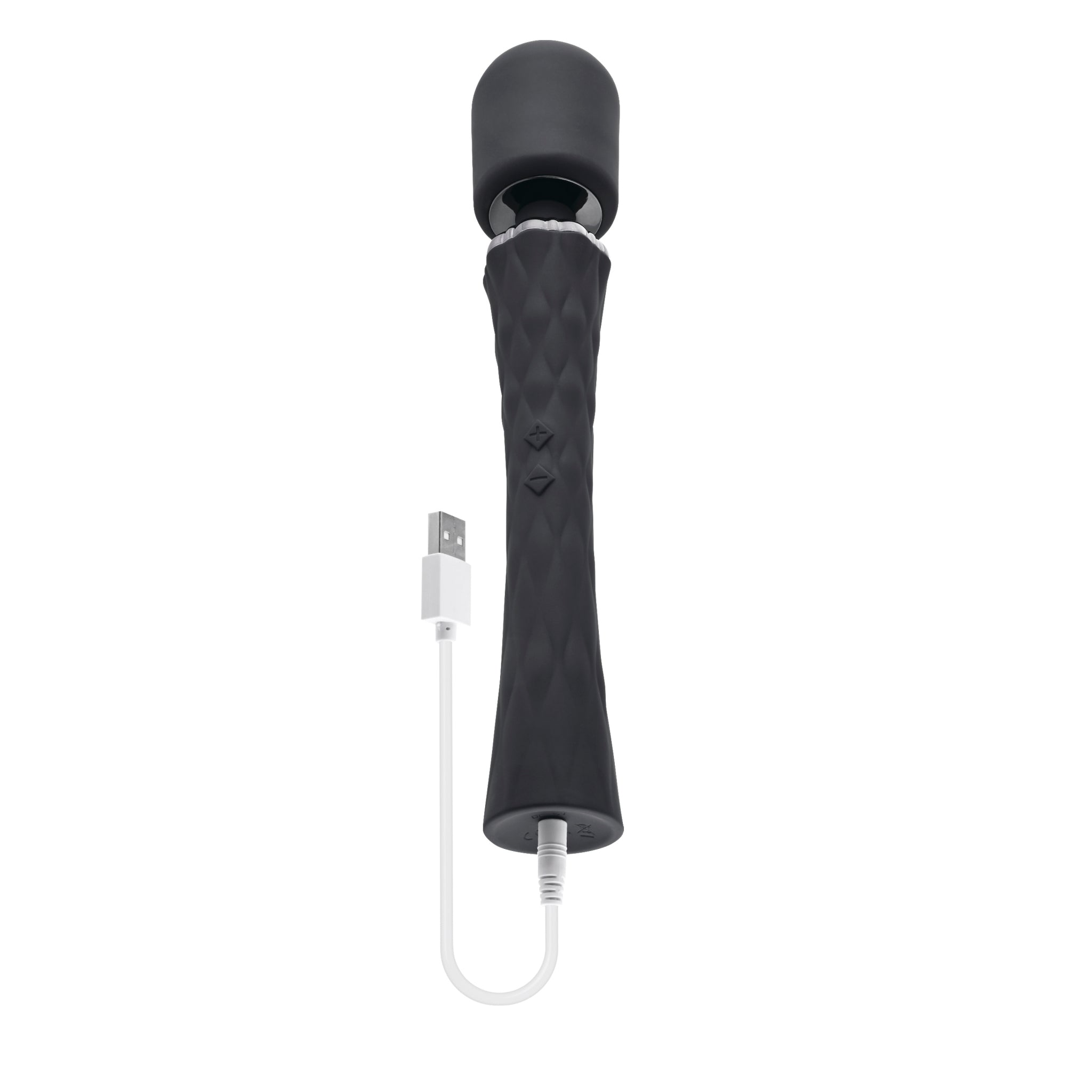 Black rechargeable silicone vibrating wand with USB charging cable.