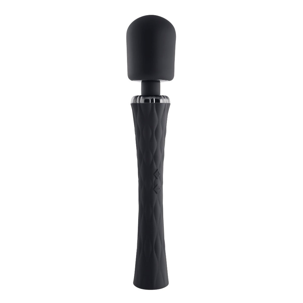 Black rechargeable vibrating wand with a textured handle.