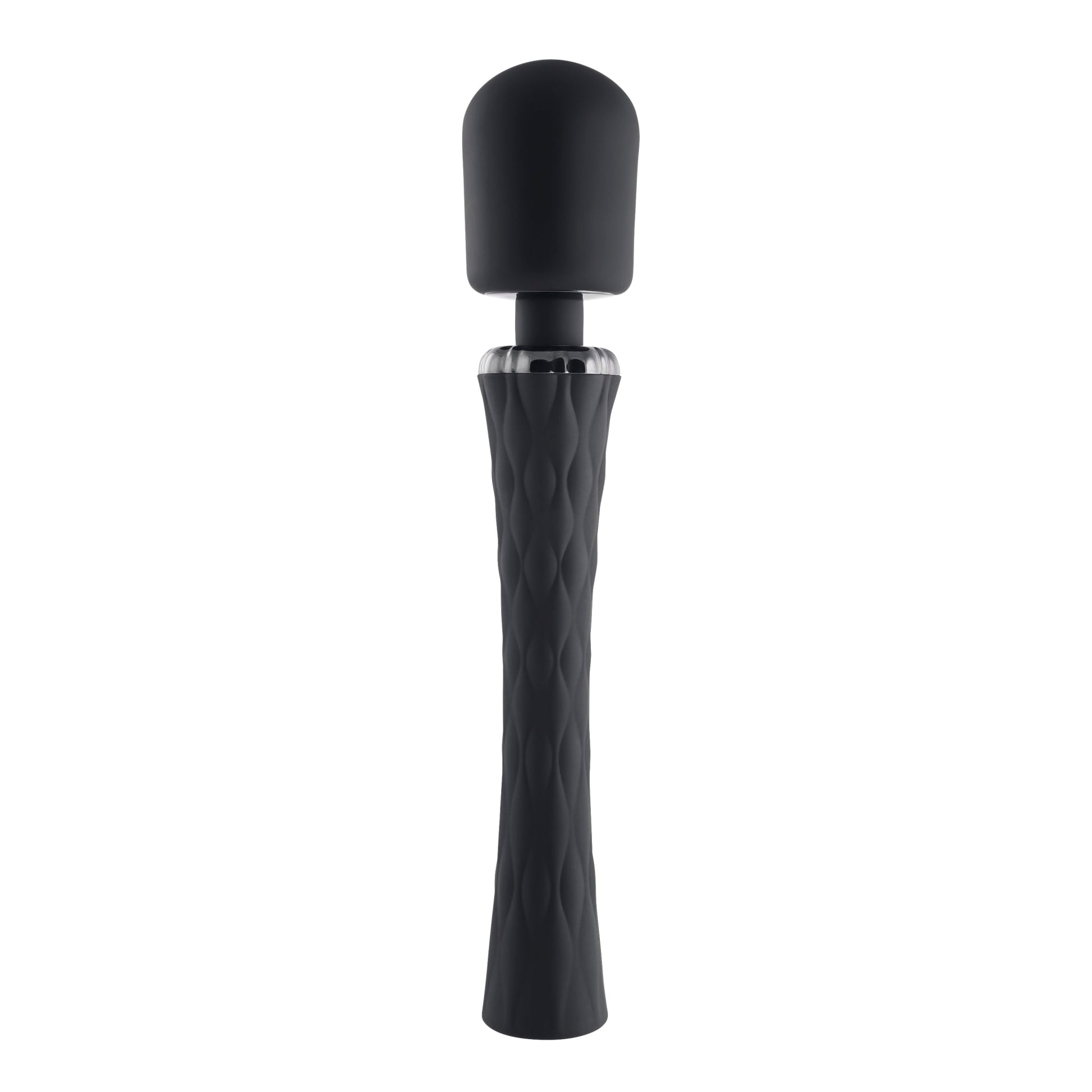 Black silicone vibrating wand with a textured handle and silver accent.