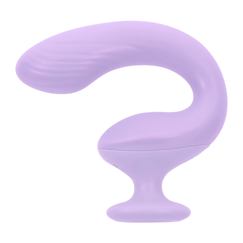 A purple dual motor G-spot vibrator with a curved shaft and a base.