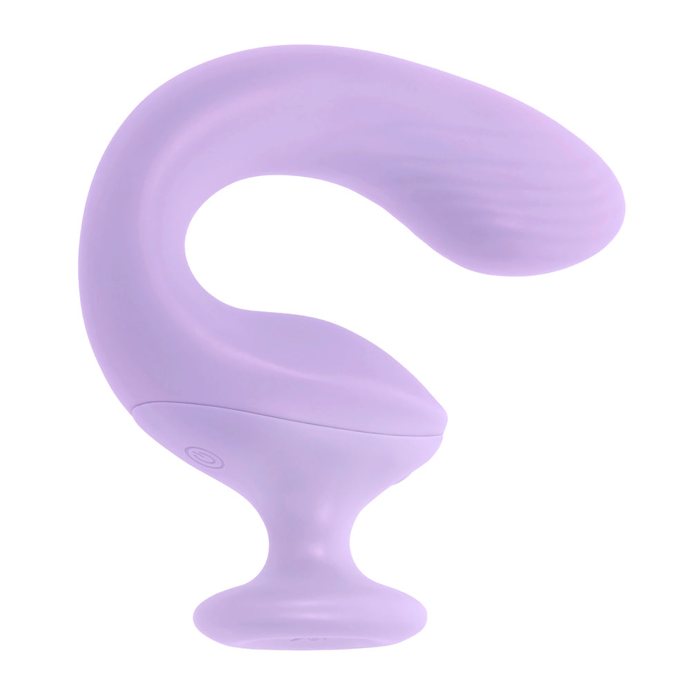 A purple dual motor G-spot vibrator with a curved shaft.