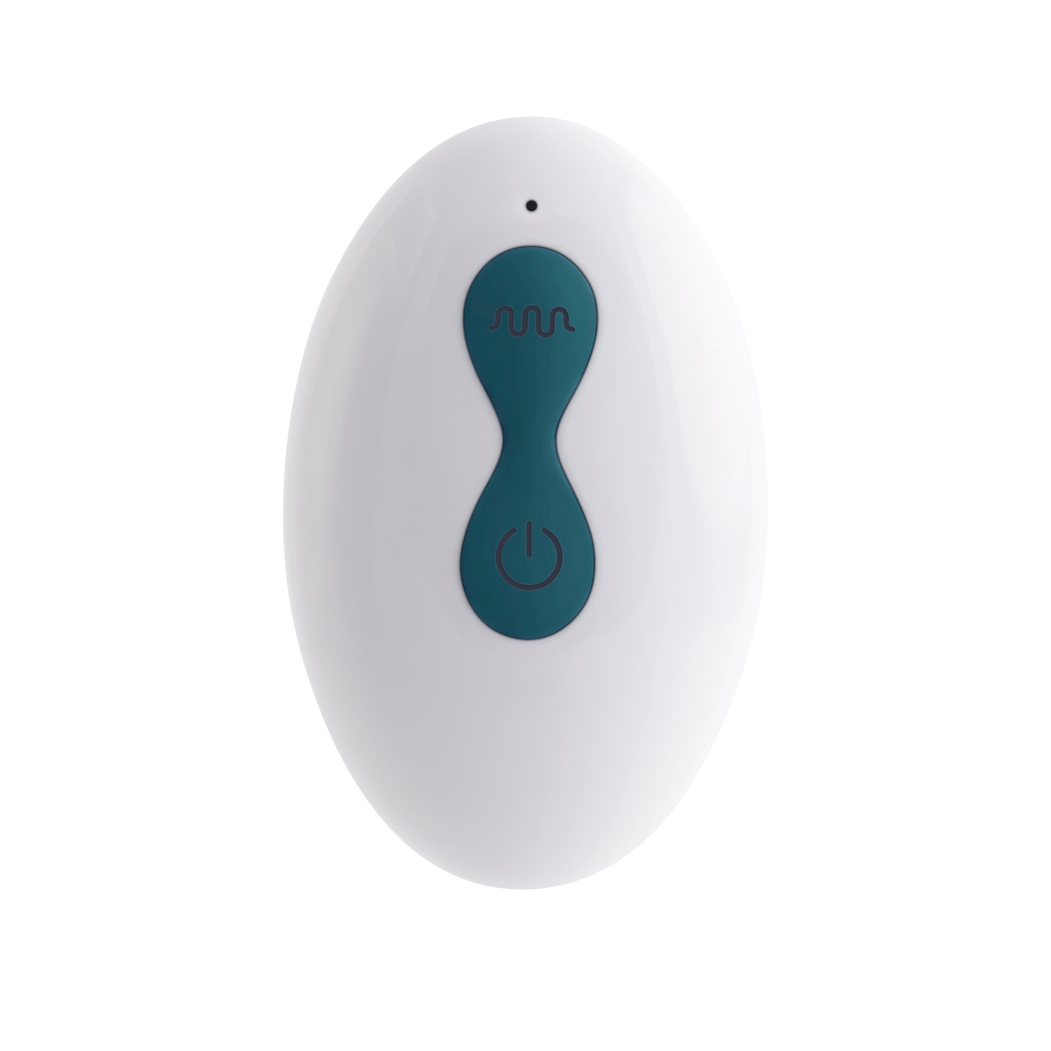 White oval remote with teal power button and wave pattern.