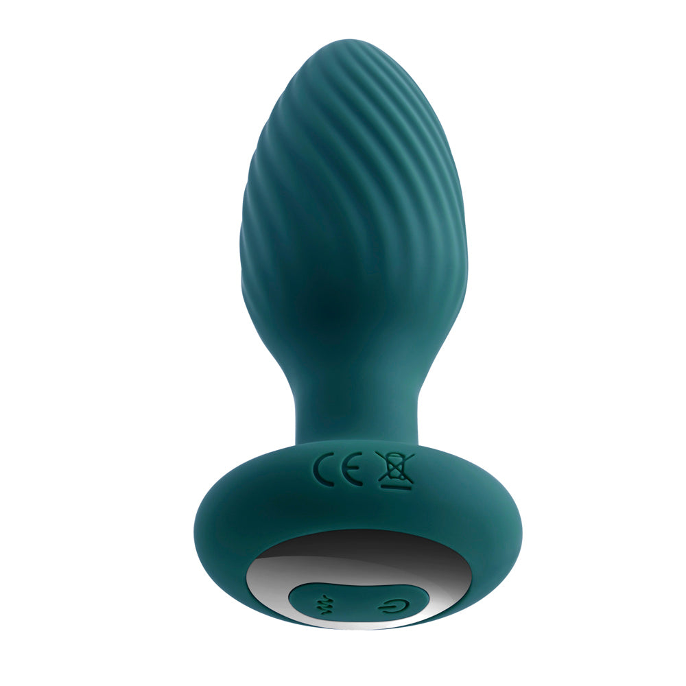 Teal silicone anal plug with a ribbed texture and a flared base.