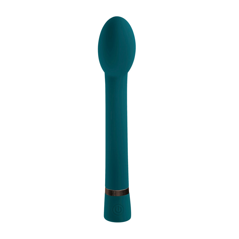 Teal silicone G-spot vibrator with a power button at the base.