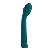 Teal G-spot vibrator with a curved shaft and a metallic band.