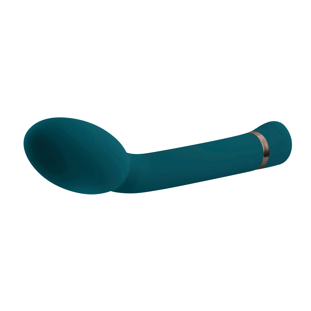 Teal G-spot vibrator with a curved shaft and rose gold band.