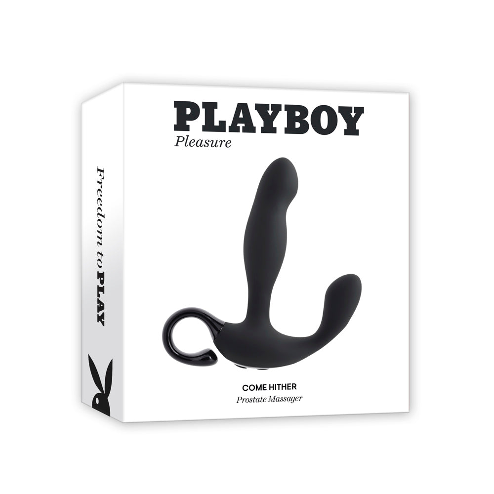Black Playboy Come Hither Prostate Massager with a curved design.