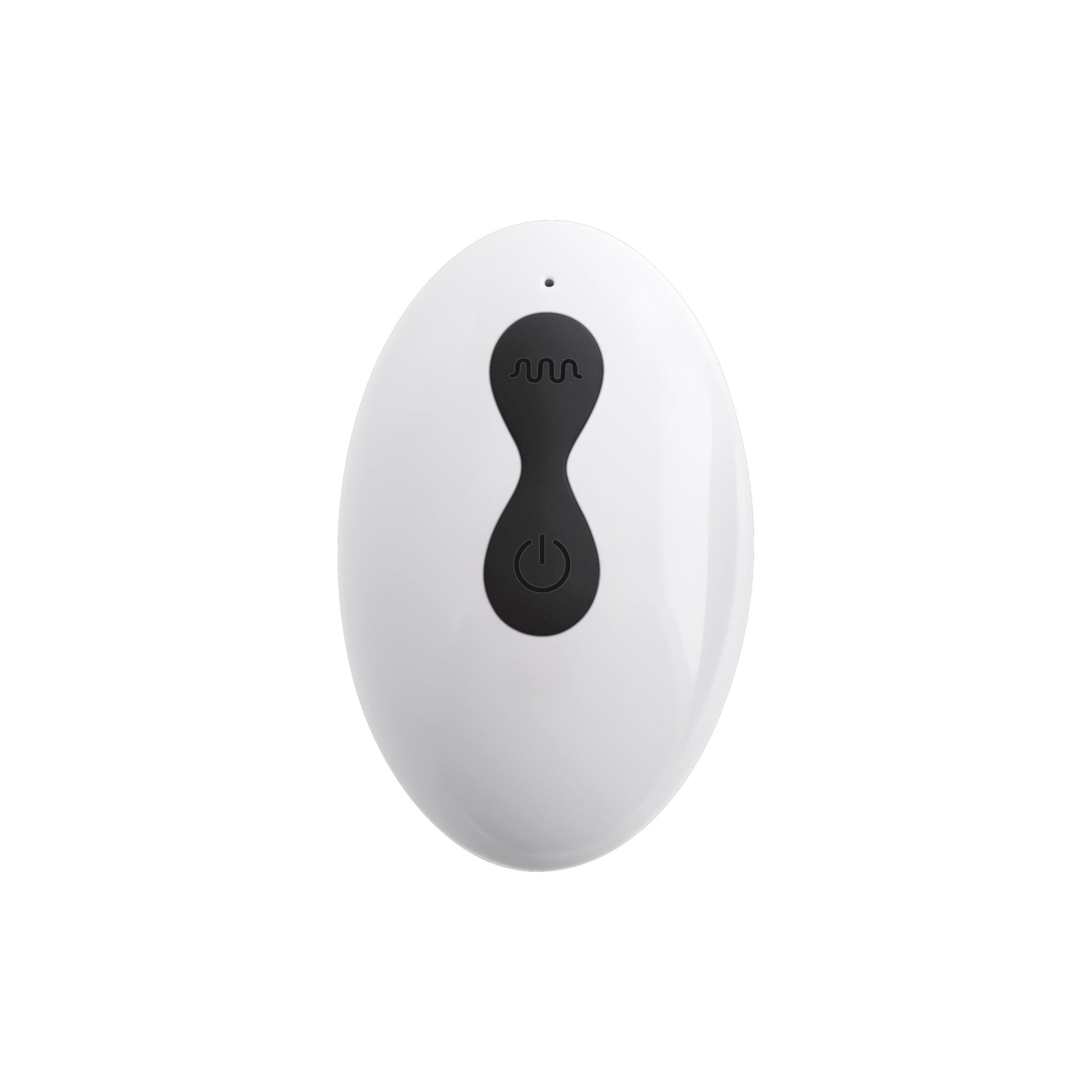 White oval remote with black power button and wavy symbol.