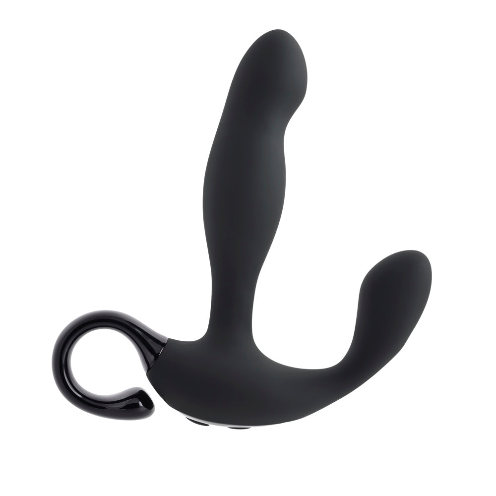 Black remote-controlled prostate massager with a curved design and a loop handle.