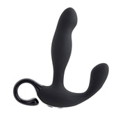 Black remote-controlled prostate massager with a curved design and a loop handle.