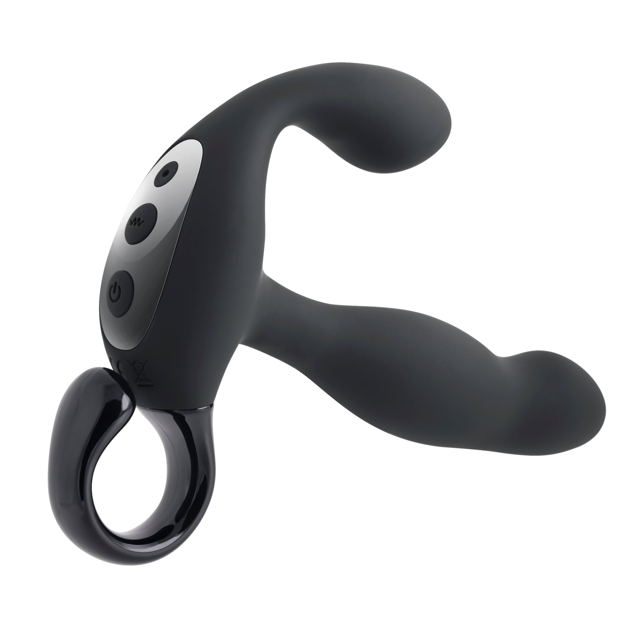 Black remote-controlled prostate massager with a curved design and buttons.