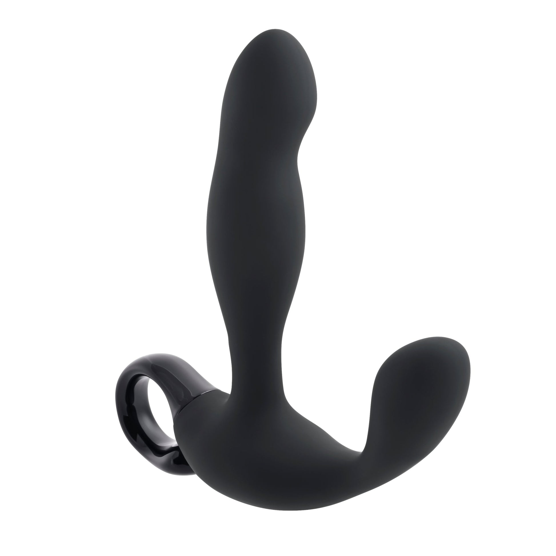 Black remote-controlled prostate massager with a curved design and a loop handle.