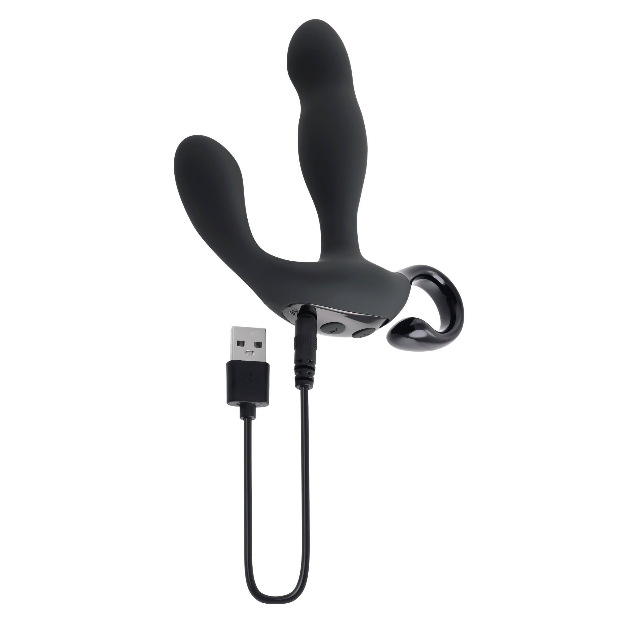 Black remote-controlled prostate massager with USB charging cable.