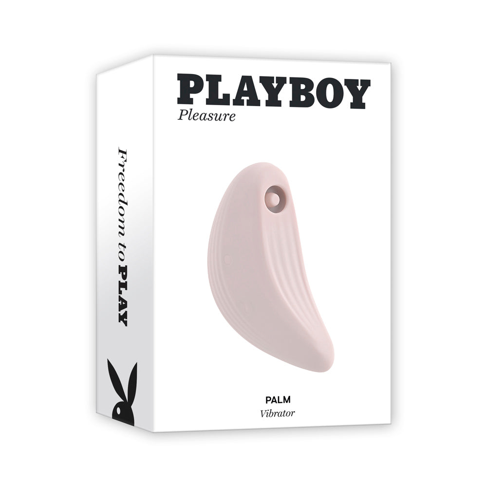 Playboy Palm vibrator in pink on a white box with text.