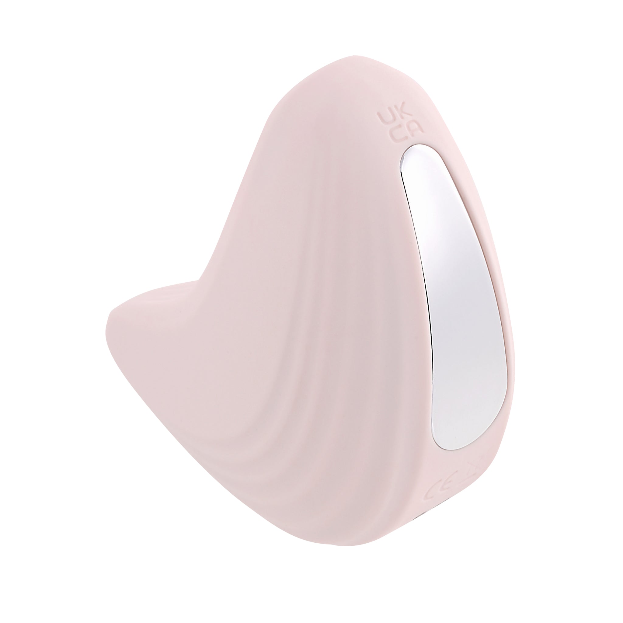 A pink, curved silicone vibrator with a silver accent and UK CA markings.