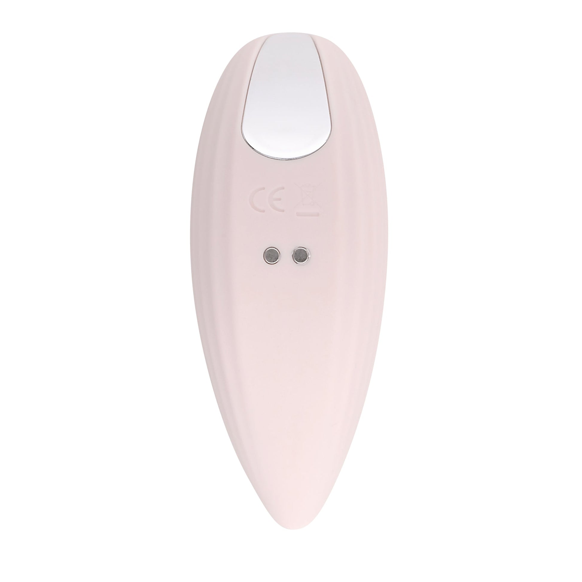 A pink, palm-sized vibrator with a silver accent and two charging ports.