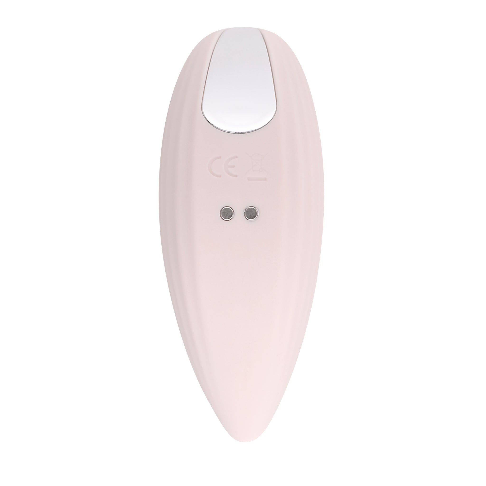 A pink, palm-sized vibrator with a silver accent and two charging ports.