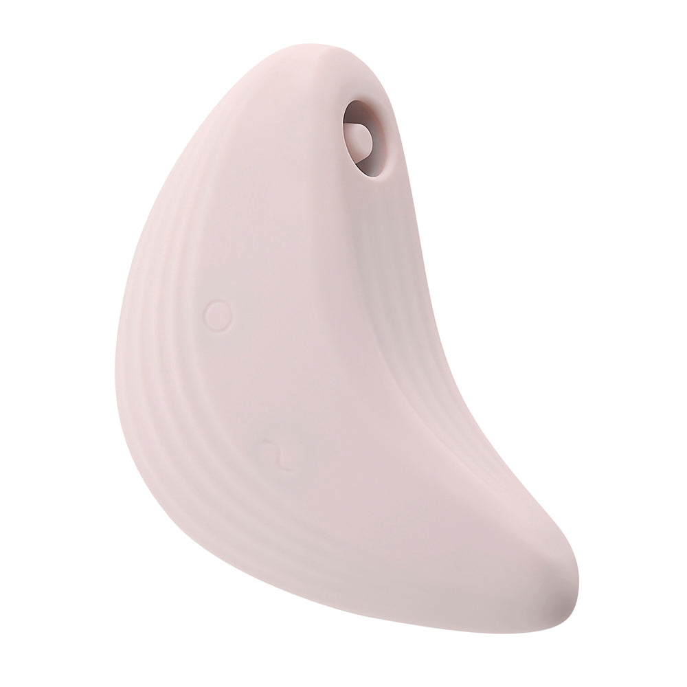 A pale pink, curved silicone massager with a hole at the top.