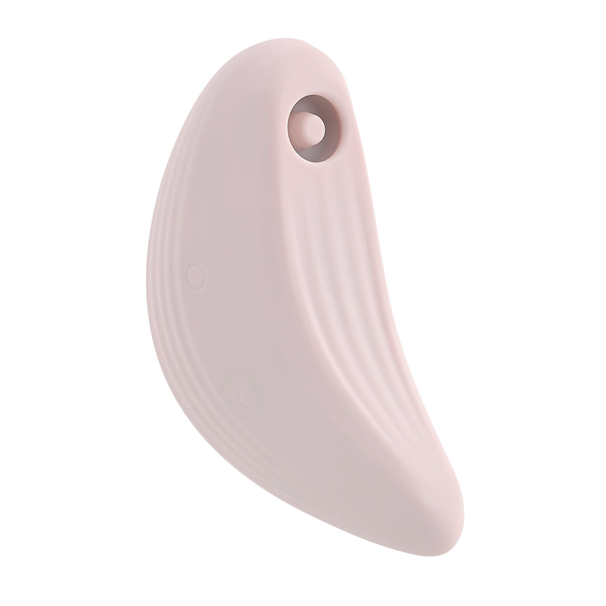 A light pink, curved silicone massager with a hole at the top.