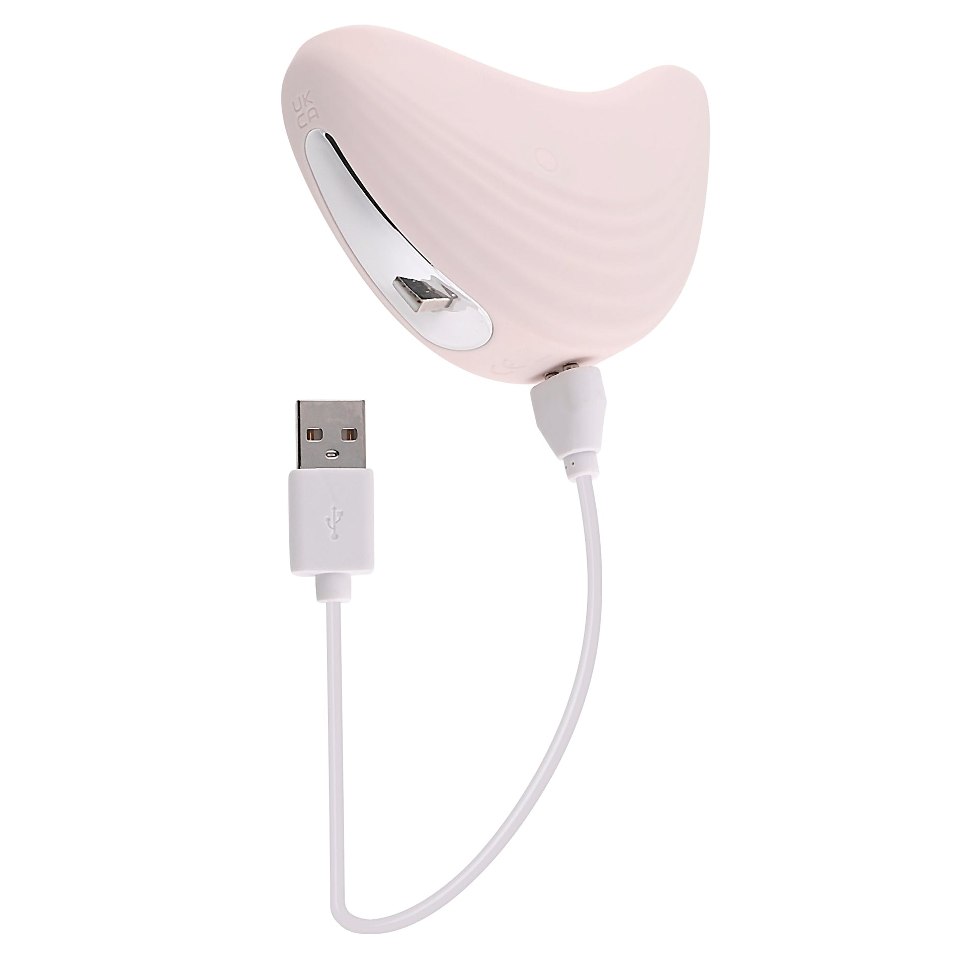 Pink silicone vibrator with USB charging cable.