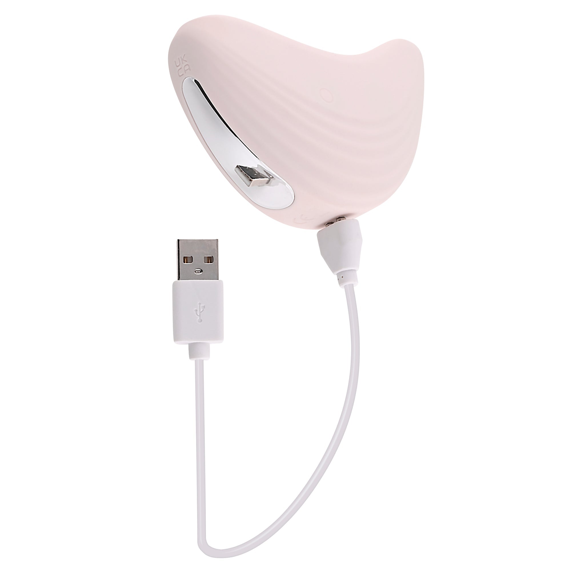Pink silicone vibrator with USB charging cable.