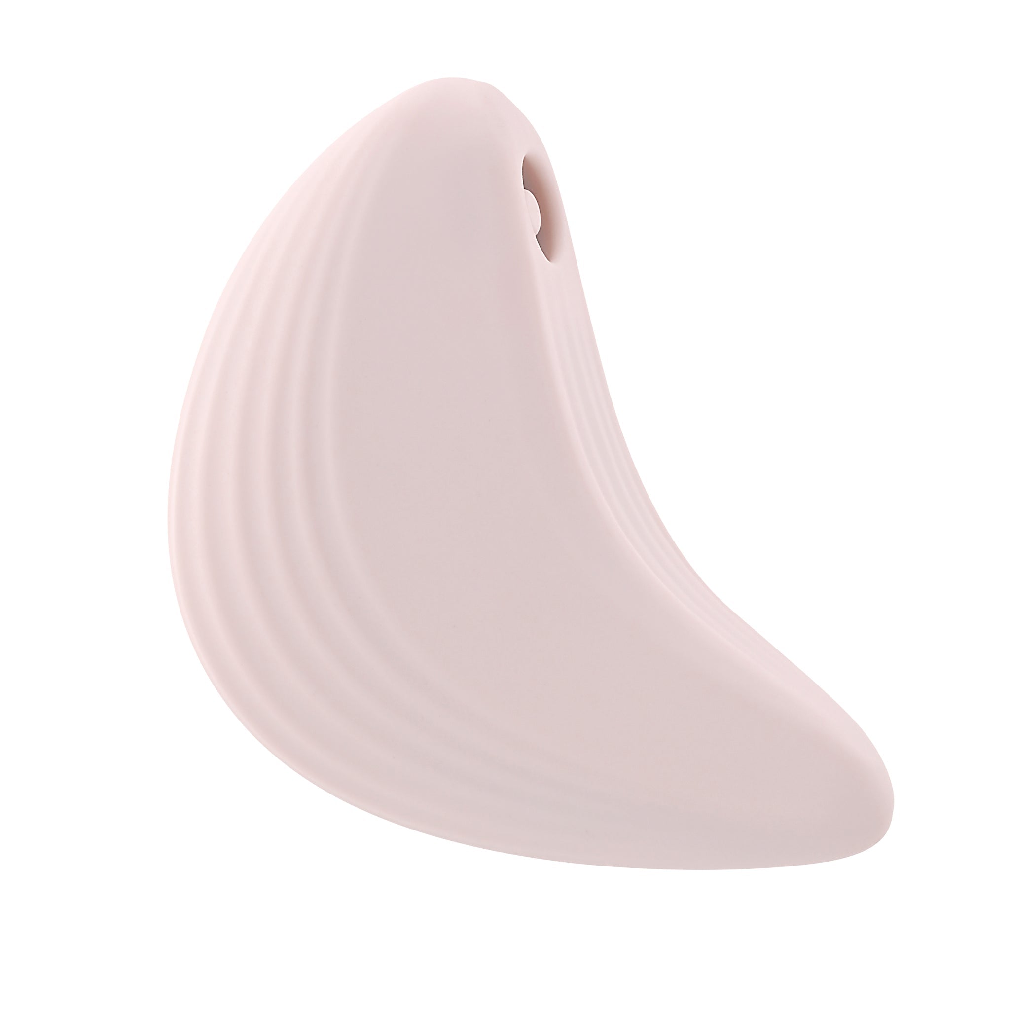 A light pink, curved silicone massager with ribbed texture and a hole at the top.