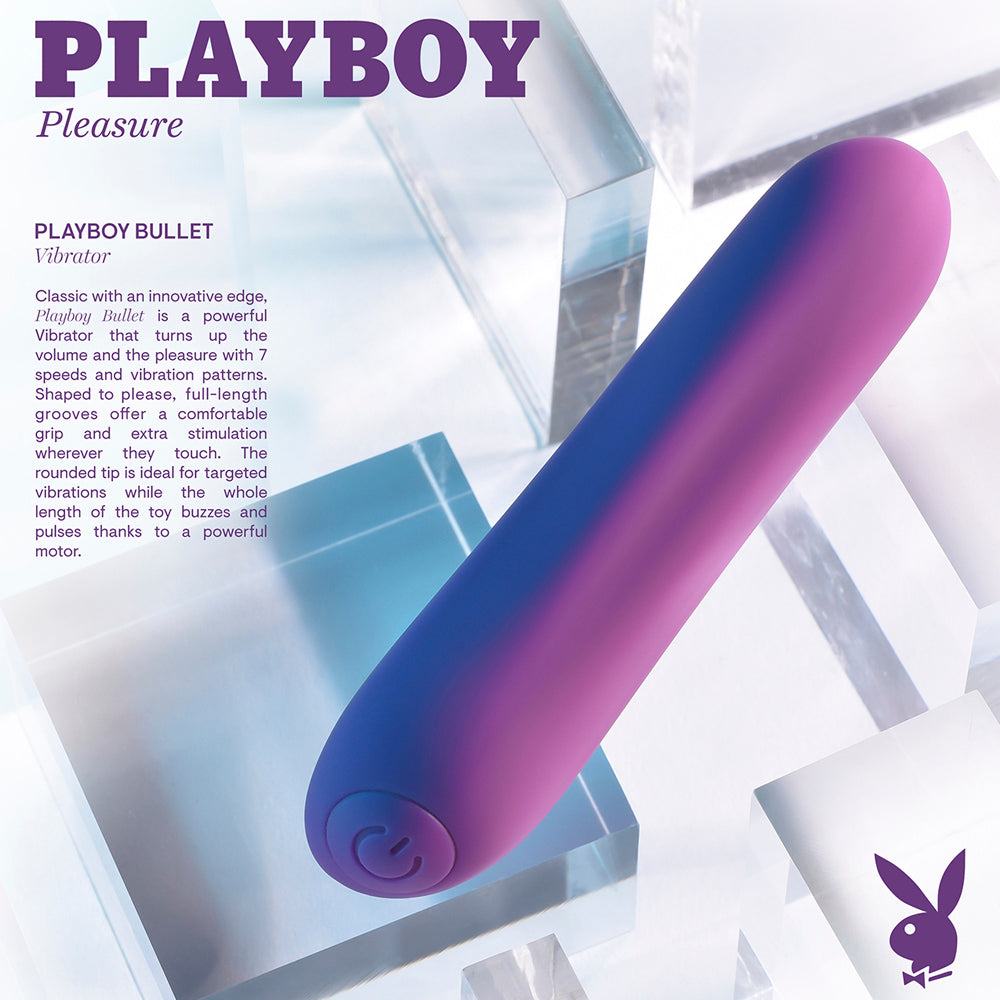 A purple and blue Playboy Bullet vibrator with a power button.