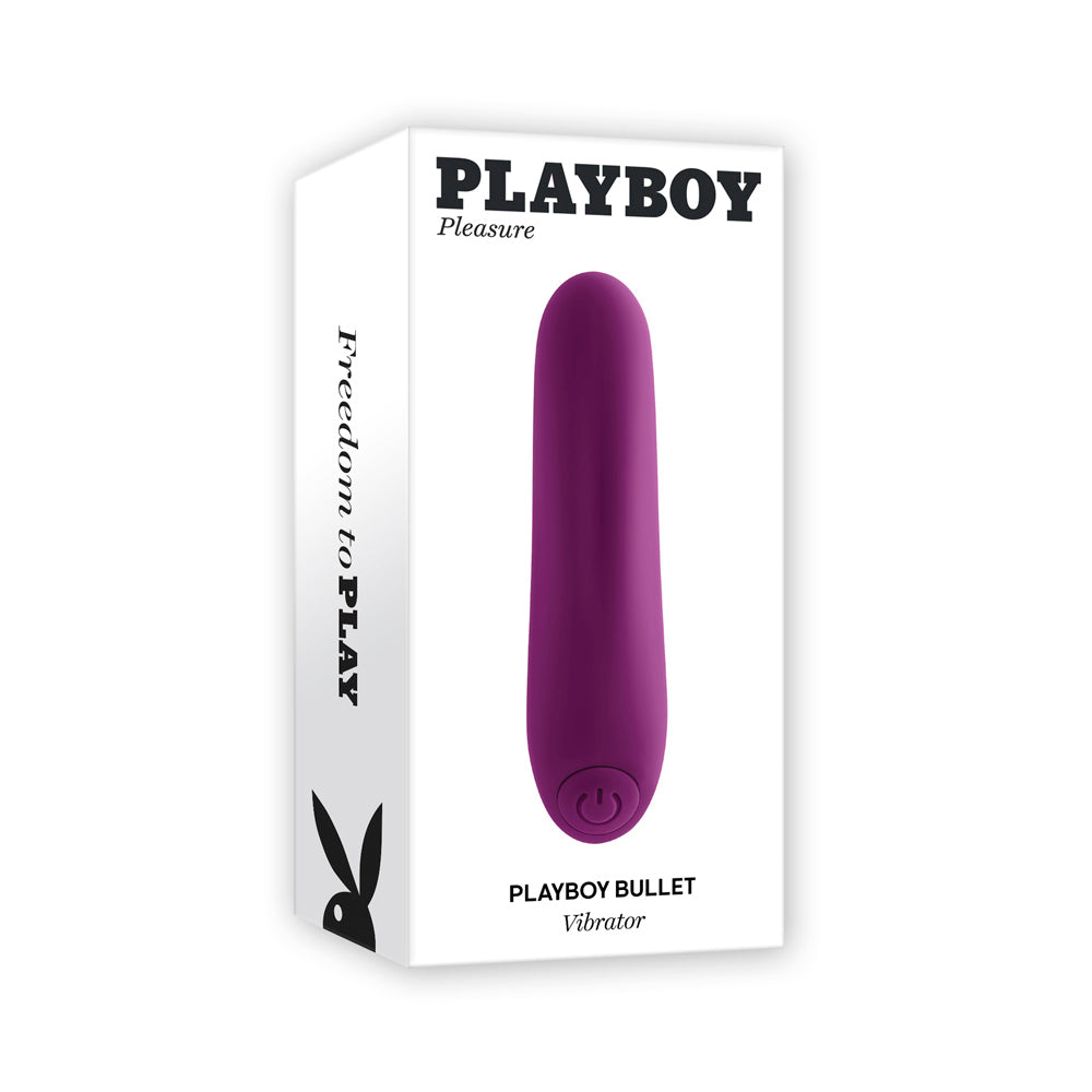A purple Playboy Bullet vibrator is shown on its white packaging.