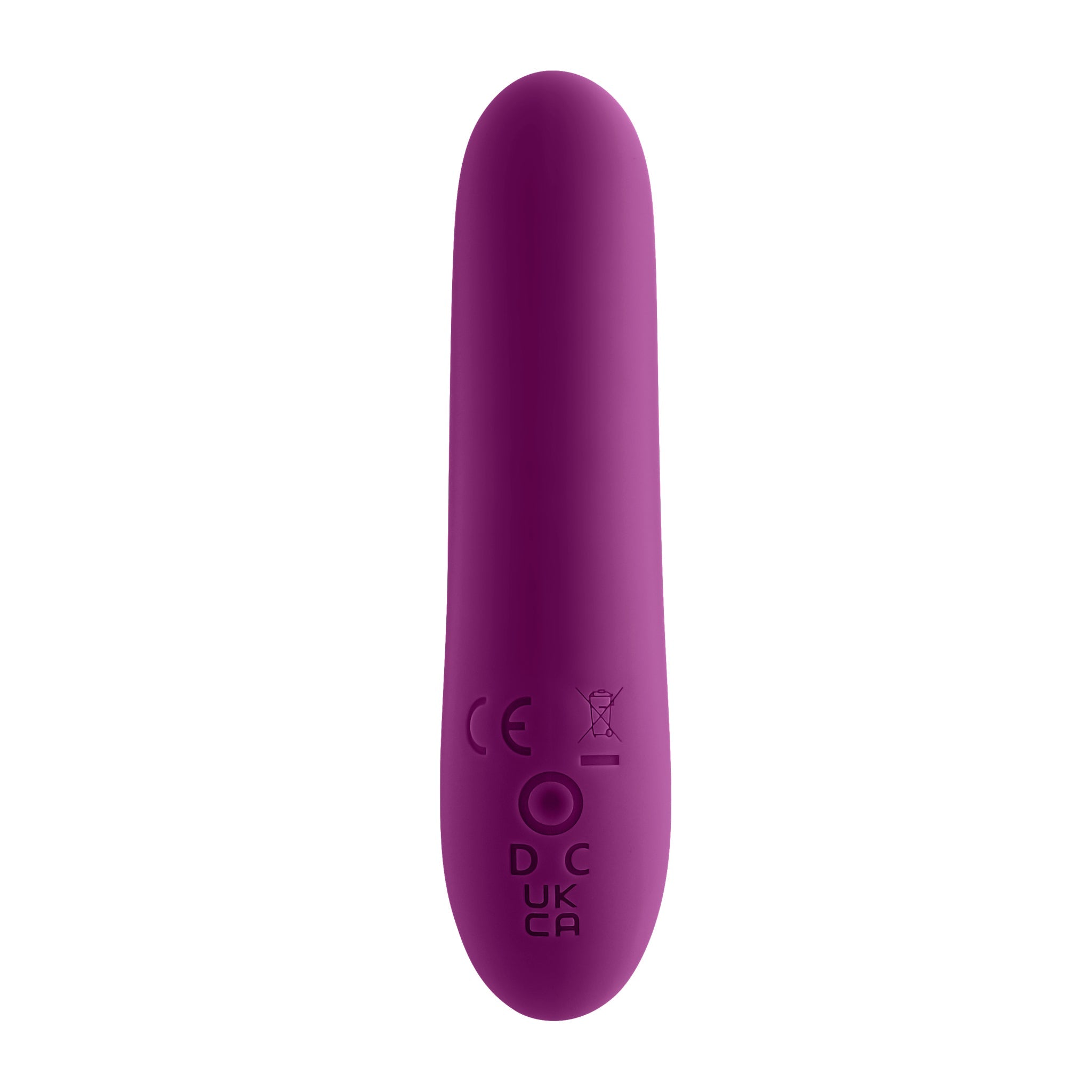 Purple rechargeable waterproof silicone vibrator with CE and UKCA markings.