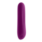 Purple rechargeable waterproof silicone vibrator with a power button.