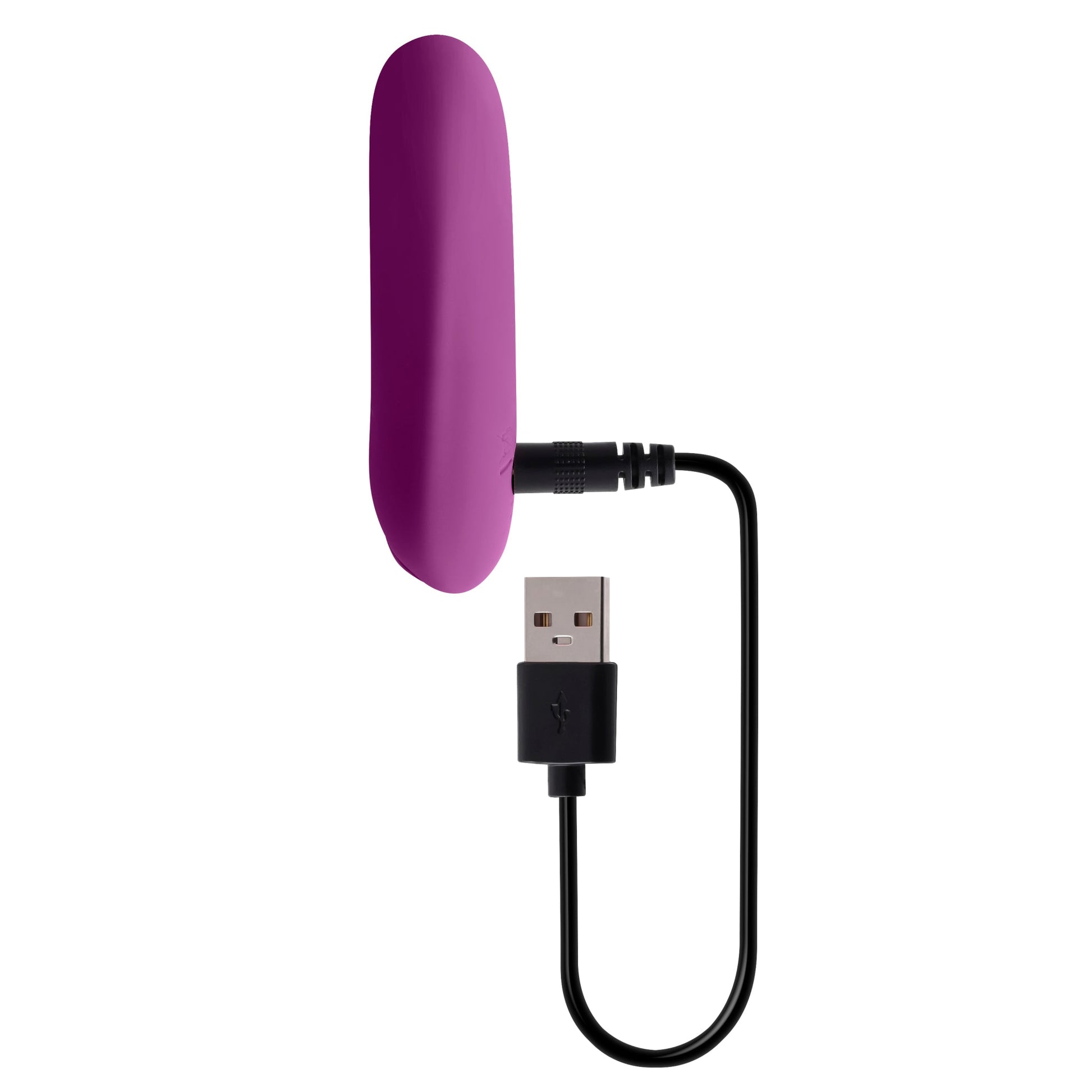 Purple vibrator with USB charging cable attached.
