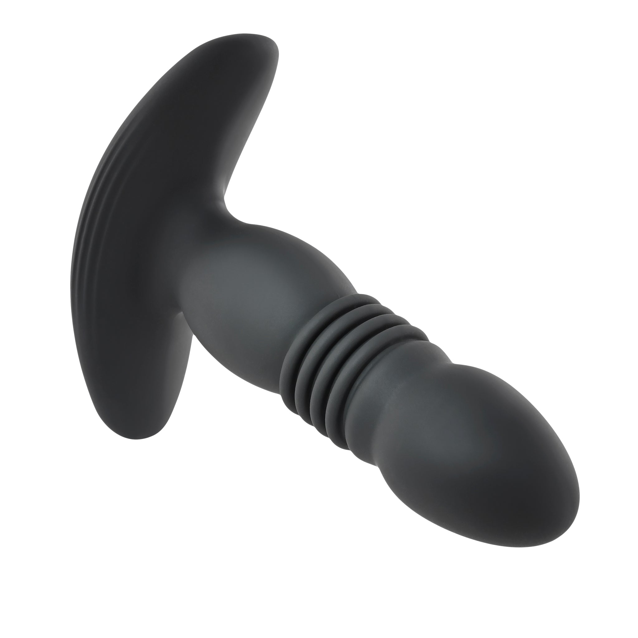 A black silicone anal plug with a T-shaped handle and ribbed shaft.