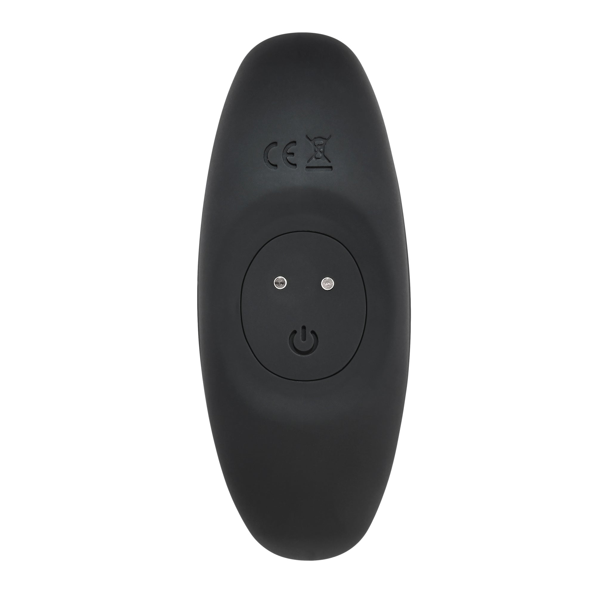 Black silicone anal plug with power button and CE marking.